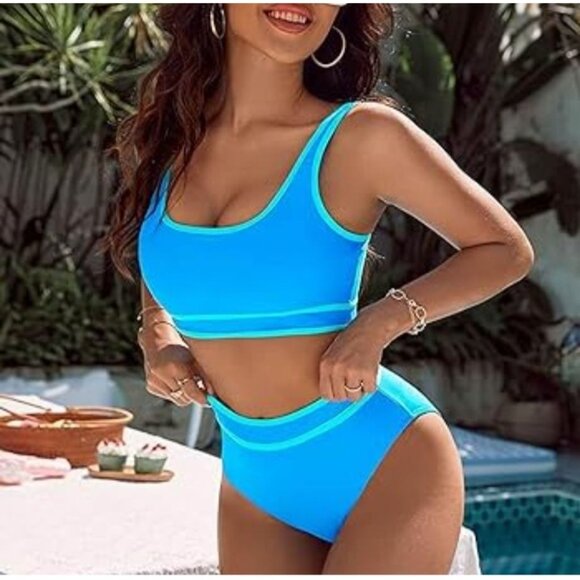 BLMJ Womens High Waisted Bikini Set Swimsuit 2-Piece Blue Size Small Pool Beach - Picture 3 of 8